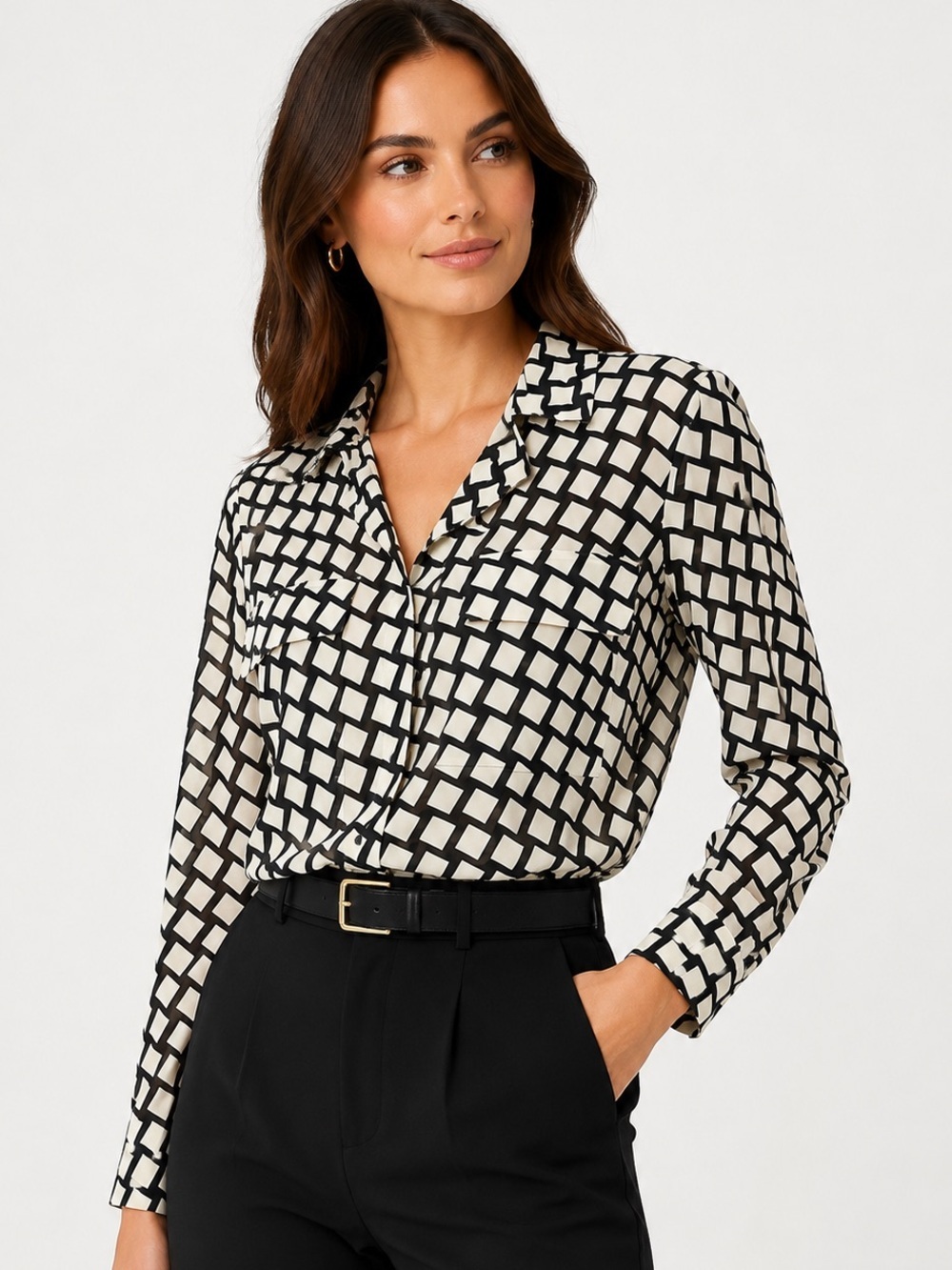 NWT Tahari Black Ivory Geometric Print Button Down Blouse Top M